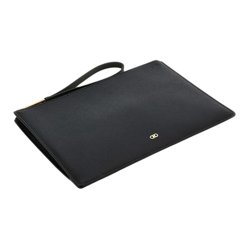 FERRAGAMO GANCINI Hammered Texture Calfskin Clutch Men's Black-2