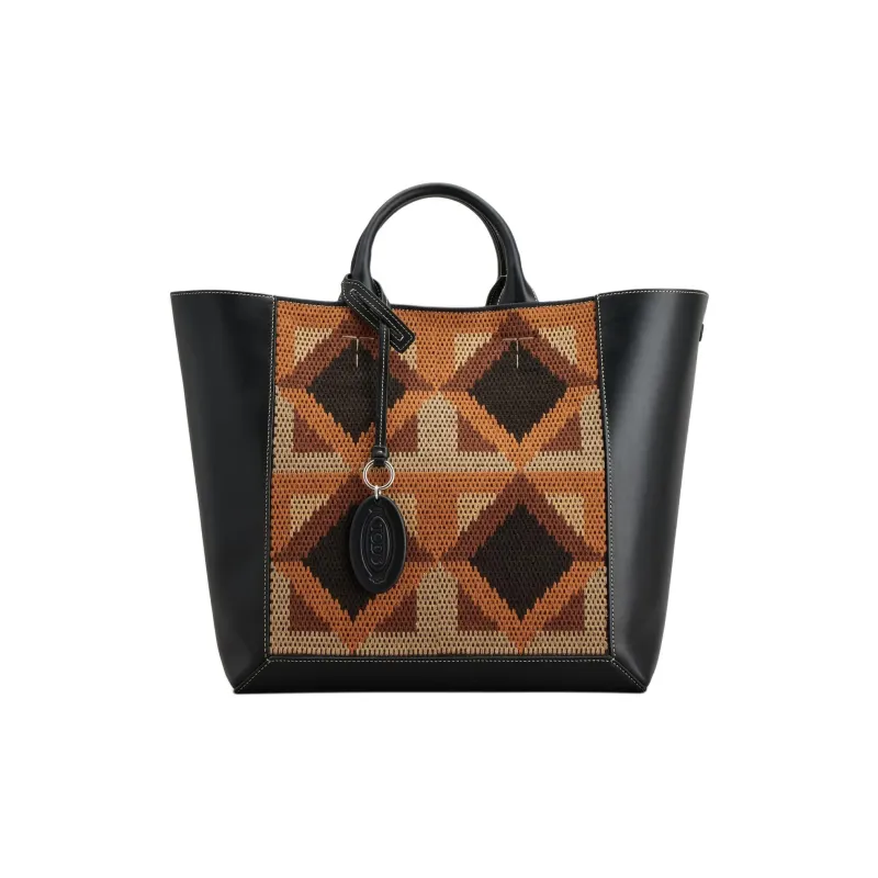 TOD'S Calfskin Tote Bag Shopping Bag Shoulder Bag Handbag Medium Size Women's Black/Apricot Cream/Orange-0