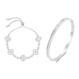 Sparkling Rhinestone Bracelet+Four-Leaf Clover Bracelet 1 Pair