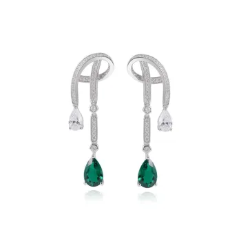 FUNNXI S925 Silver Rhodium Plated Gold, Cultured Emerald Earrings Women's