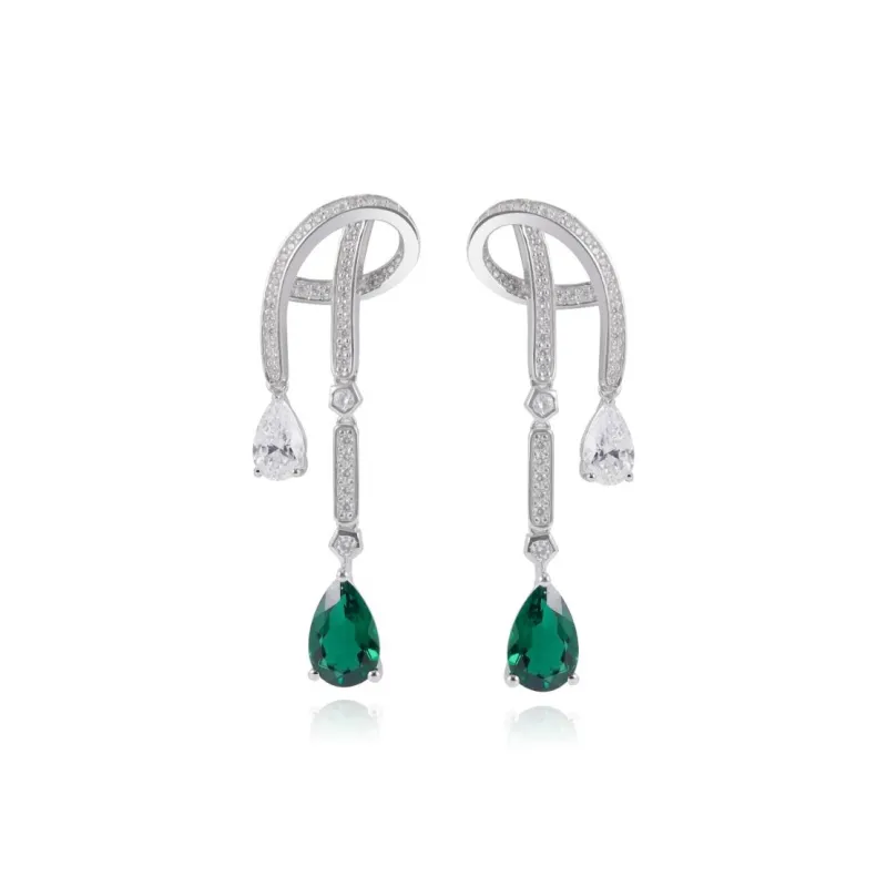 FUNNXI S925 Silver Rhodium Plated Gold, Cultured Emerald Earrings Women's-0