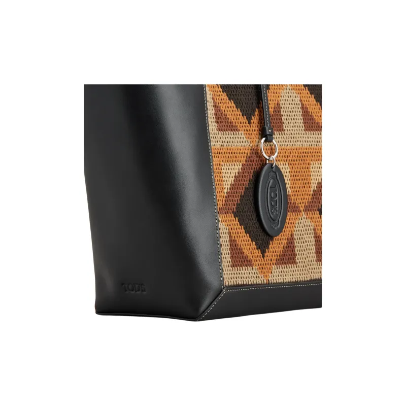 TOD'S Calfskin Tote Bag Shopping Bag Shoulder Bag Handbag Medium Size Women's Black/Apricot Cream/Orange-5