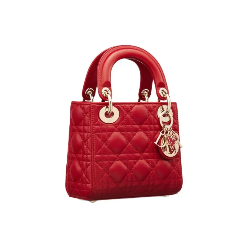DIOR Lady Dior Wicker Pattern Cow Leather Lady Dior Bag, Shoulder Bag, Crossbody Bag, Handbag Mini Women's Red-2