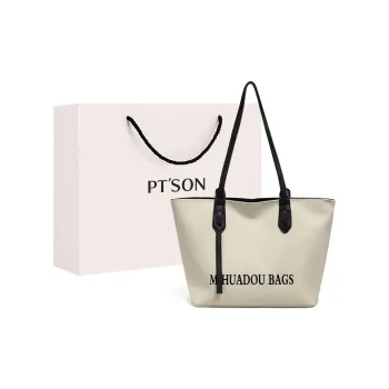 PT'SON Canvas Commute Bag, Tote Bag, Shopping Bag, Portable Underarm Shoulder Bag Large Size Women's White & Black