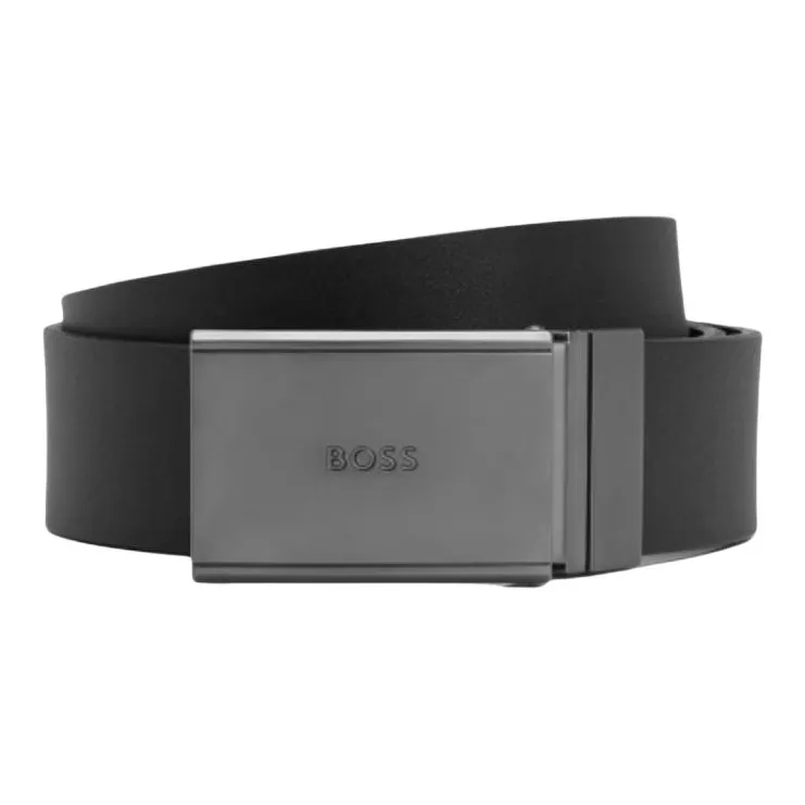 HUGO BOSS Logo Emblem, Smooth Buckle Split Cow Leather, Metal Leather Belts Men's Black Width 3.5CM-0