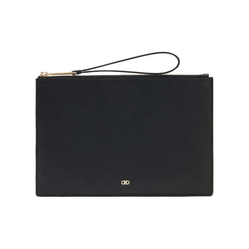 FERRAGAMO GANCINI Hammered Texture Calfskin Clutch Men's Black-0