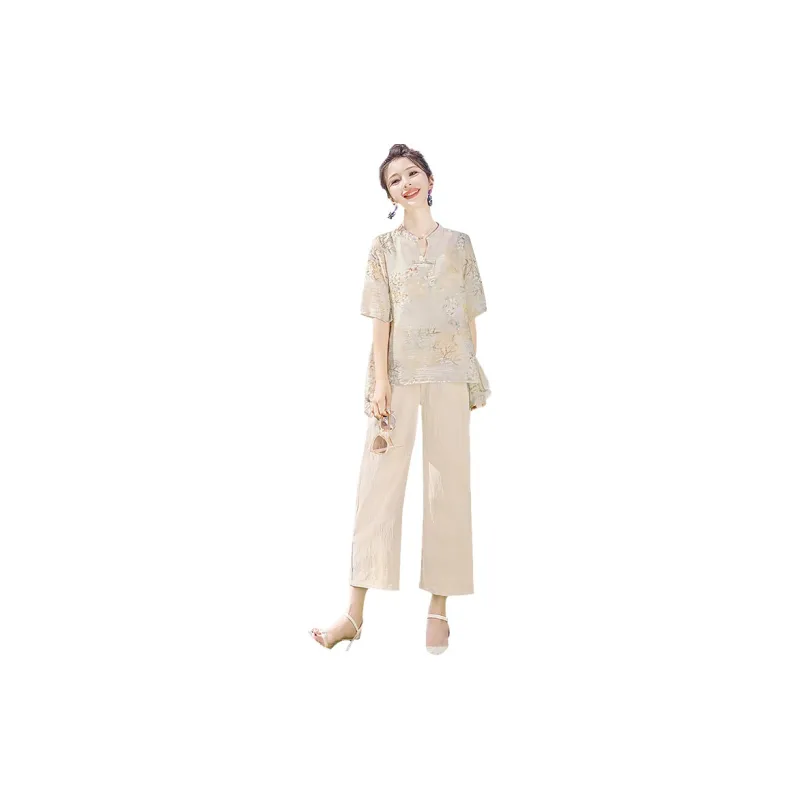 Cypress House Casual Suit Women's Gray Base With Floral Pattern+Light Khaki-1