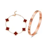 Red Four-Leaf Clover Bracelet+Four-Leaf Clover Bangle, Rose Gold (Titanium Steel)