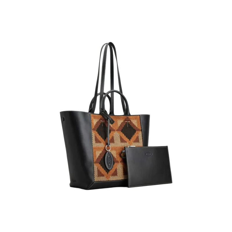 TOD'S Calfskin Tote Bag Shopping Bag Shoulder Bag Handbag Medium Size Women's Black/Apricot Cream/Orange-2