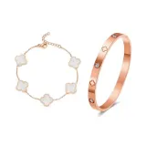 White Four-Leaf Clover Bracelet+Four-Leaf Clover Bangle, Rose Gold (Titanium Steel)