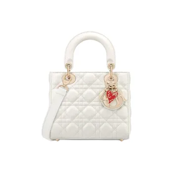 DIOR Lady Dior Wicker Pattern Sheepskin Shoulder Bag Crossbody Bag Handbag Small Size Women's Milk White