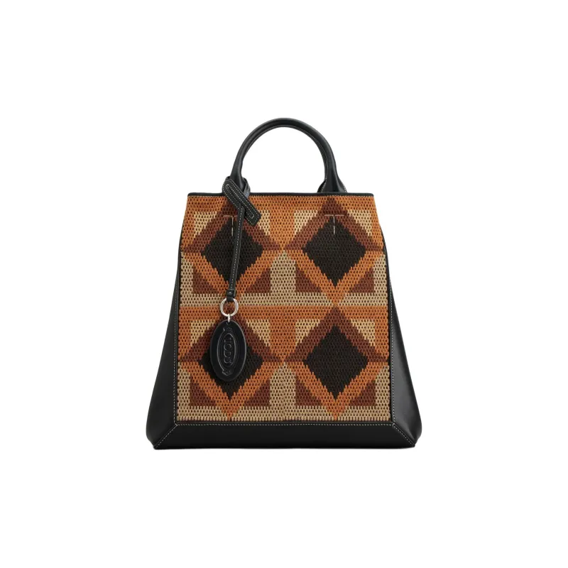 TOD'S Calfskin Tote Bag Shopping Bag Shoulder Bag Handbag Medium Size Women's Black/Apricot Cream/Orange-1