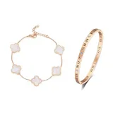 White Four-Leaf Clover Bracelet+Roman Numeral Bangle (Titanium Steel)