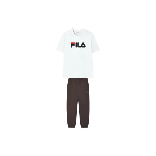 FILA Casual Sportswear Men Set Snow White Tops+Earth Brown Pants