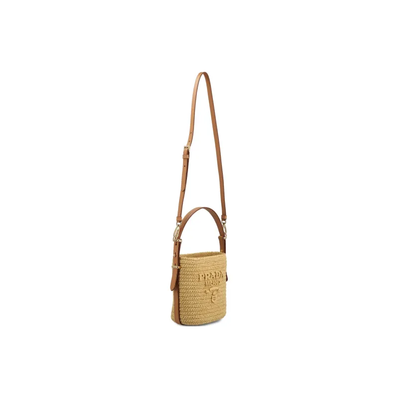 PRADA Synthetic Raffia With Calfskin Trim Bucket Bags Shoulder Bag Crossbody Bag Handbag Women's Beige-1