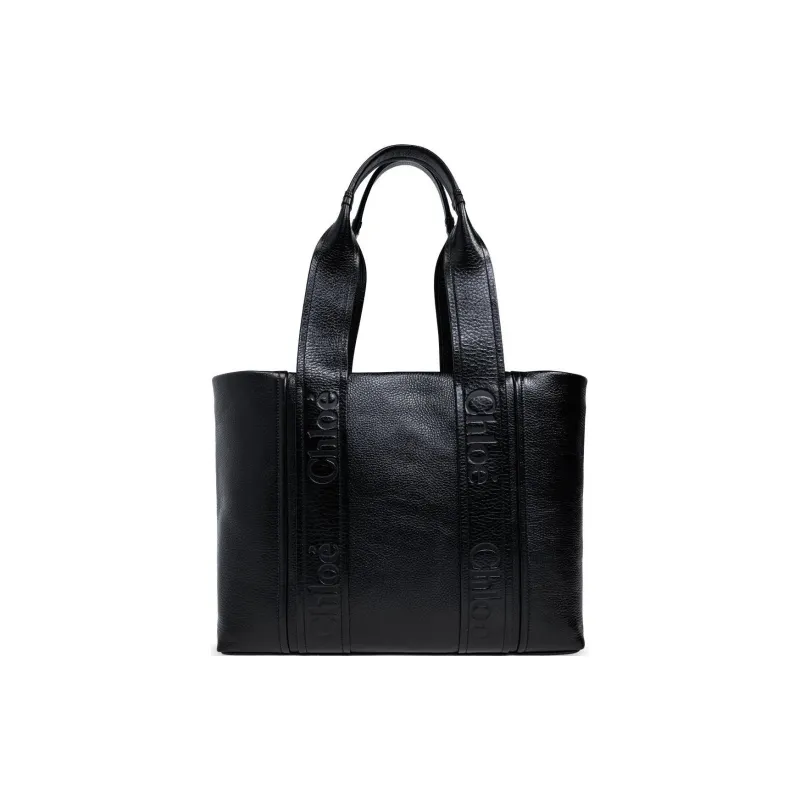 Chloe Woody Calfskin Tote Bag Shopping Bag Handbag Medium Size Women's Black-0