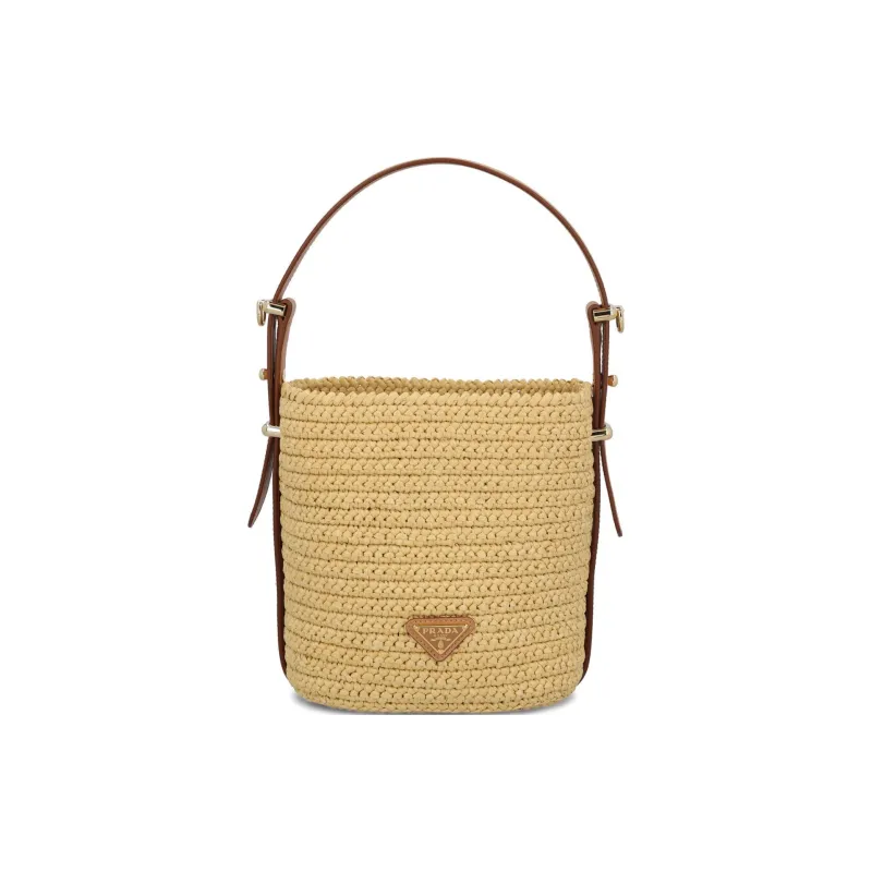 PRADA Synthetic Raffia With Calfskin Trim Bucket Bags Shoulder Bag Crossbody Bag Handbag Women's Beige-2