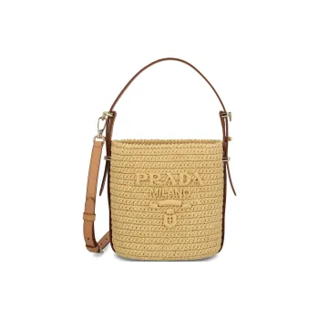 PRADA Synthetic Raffia With Calfskin Trim Bucket Bags Shoulder Bag Crossbody Bag Handbag Women's Beige