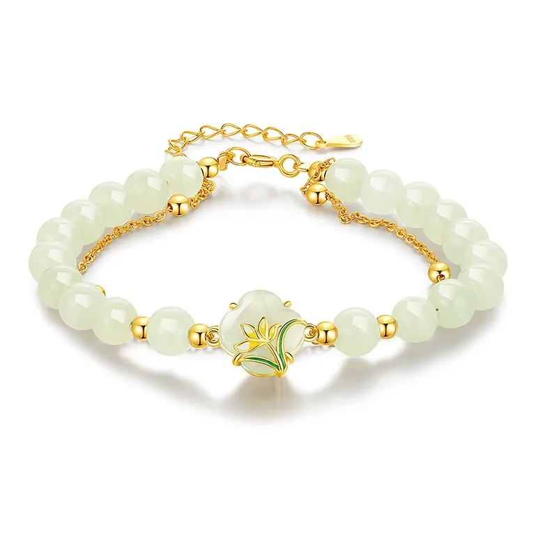 Bao Yi 925 Sterling Silver Hetian Jade Bracelets Women's Pale Greenish White Jade-0