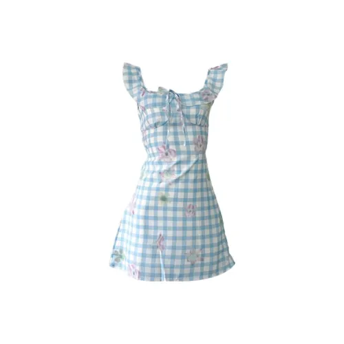 COVT Slip Dresses Women's Blue Plaid Floral Pattern