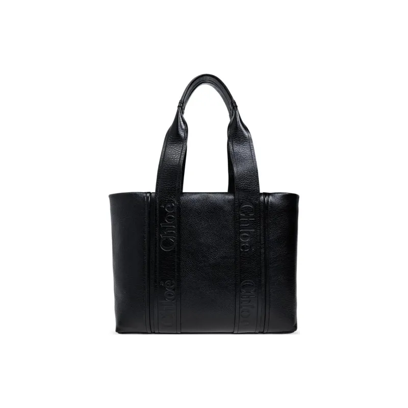 Chloe Woody Calfskin Tote Bag Shopping Bag Handbag Medium Size Women's Black-2