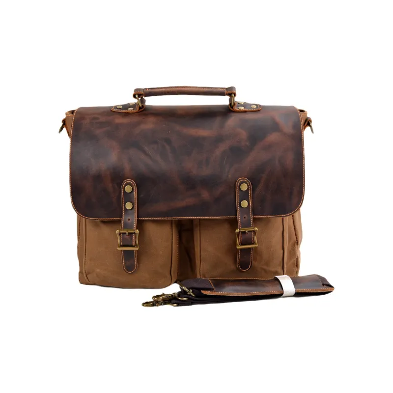 TTaG．baG Waxed Canvas And Cowhide Crossbody One Shoulder Handbag Regular Men's Black/Dark Gray/Army Green/Dark Khaki-9