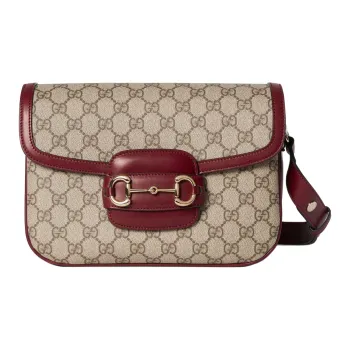 GUCCI Horsebit 1955 Canvas With Leather Crossbody Bag Shoulder Bag Women's Beige & Red