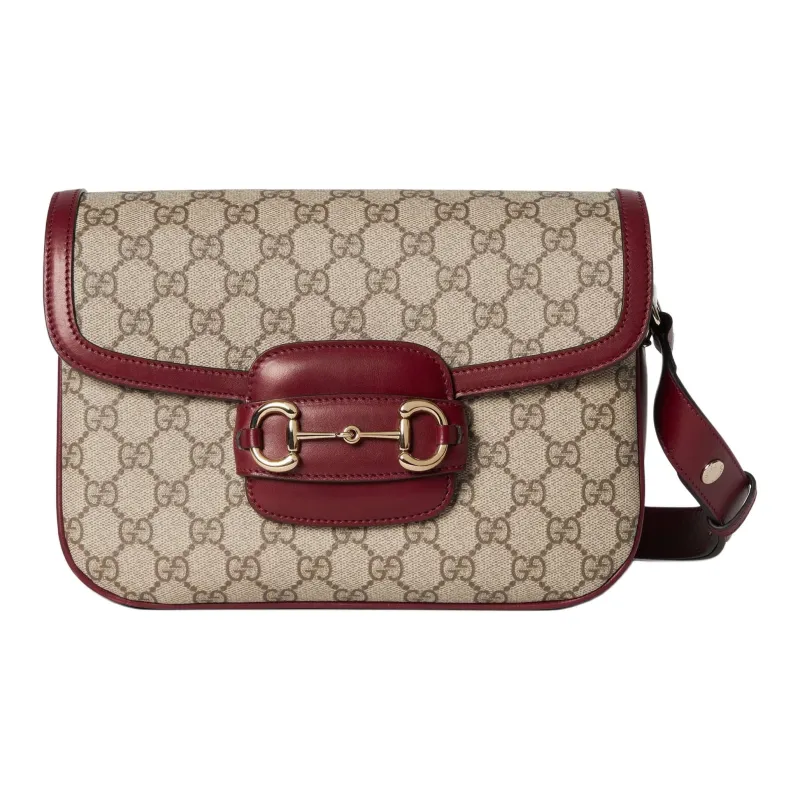 GUCCI Horsebit 1955 Canvas With Leather Crossbody Bag, Shoulder Bag Women's Beige & Red-0
