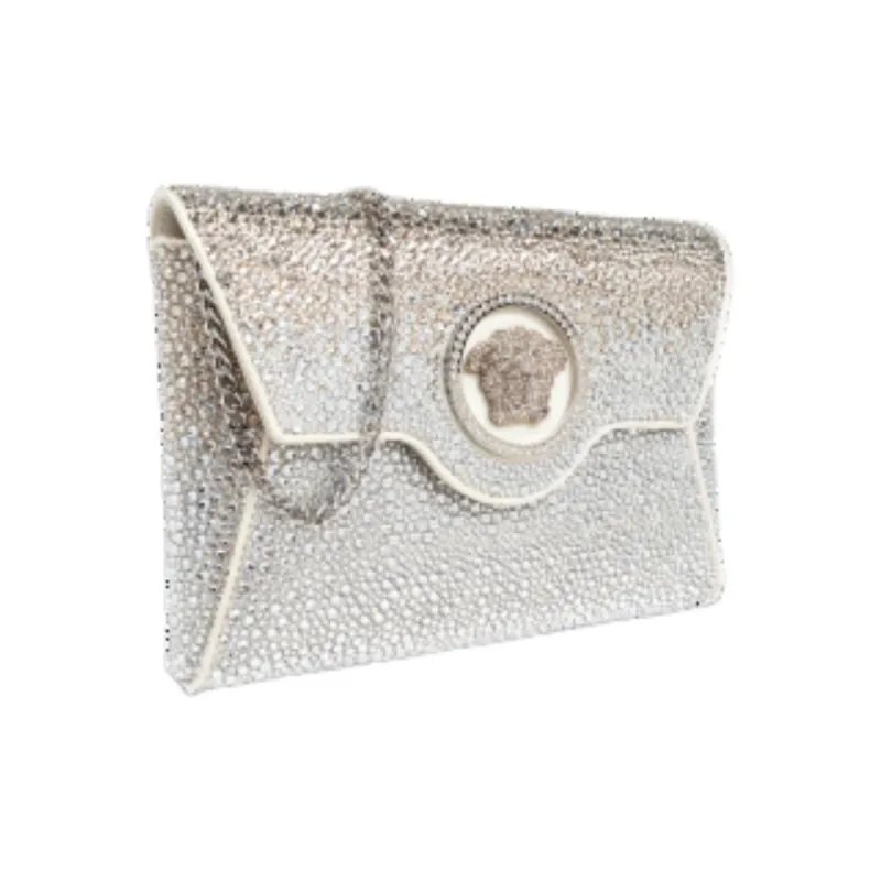 VERSACE La Medusa Viscose With Silk One Shoulder Crossbody Clutch Women's Silver-1