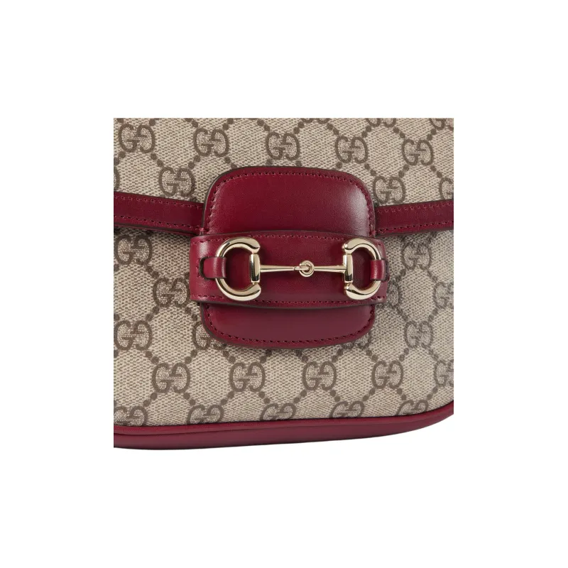 GUCCI Horsebit 1955 Canvas With Leather Crossbody Bag Shoulder Bag Women's Beige & Red-5