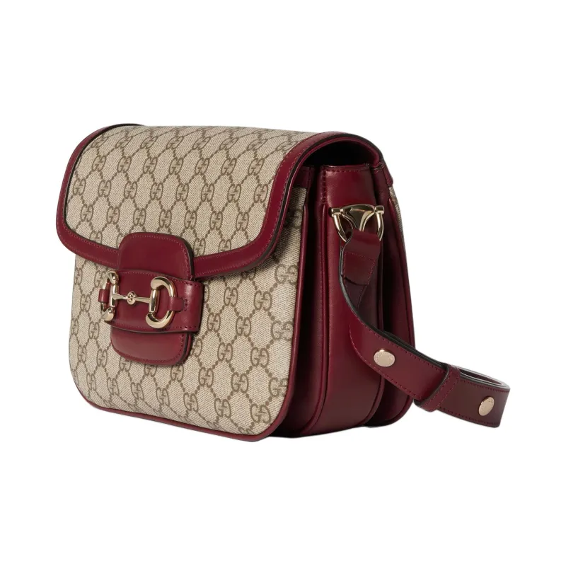 GUCCI Horsebit 1955 Canvas With Leather Crossbody Bag, Shoulder Bag Women's Beige & Red-1