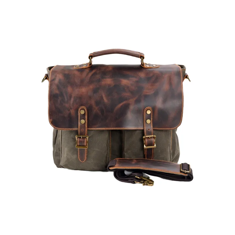 TTaG．baG Waxed Canvas And Cowhide Crossbody One Shoulder Handbag Regular Men's Black/Dark Gray/Army Green/Dark Khaki-5