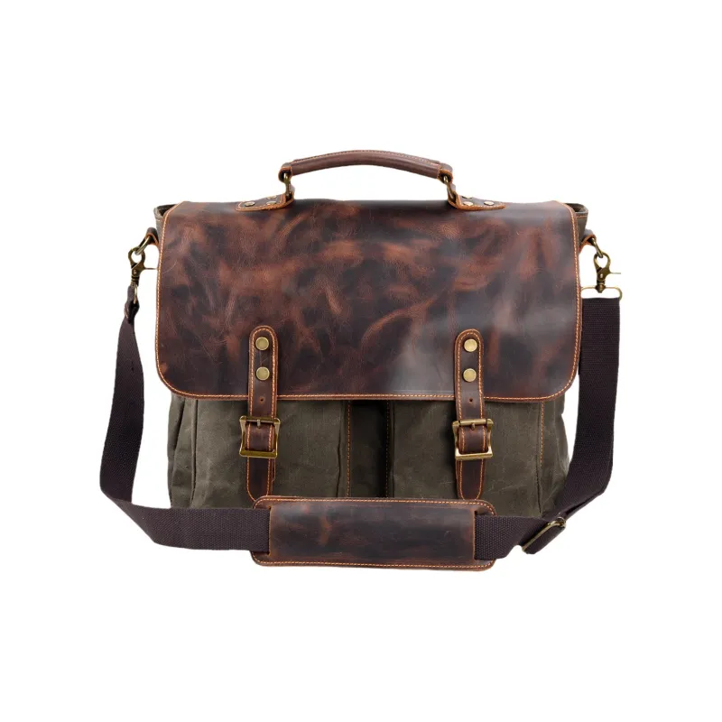 TTaG．baG Waxed Canvas And Cowhide Crossbody One Shoulder Handbag Regular Men's Black/Dark Gray/Army Green/Dark Khaki-7