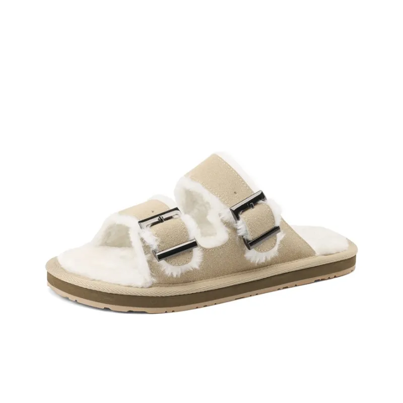 JOSINY Rubber Sole Fuzzy Slide Slippers Women's Fleece Apricot-1