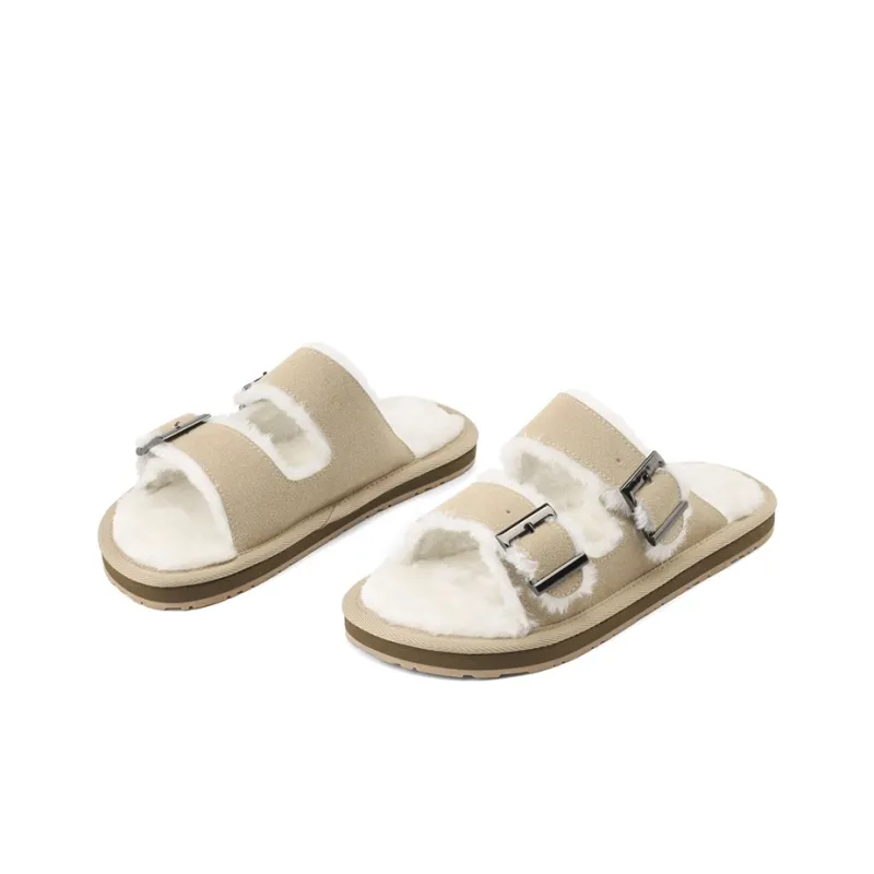 JOSINY Rubber Sole Fuzzy Slide Slippers Women's Fleece Apricot-2