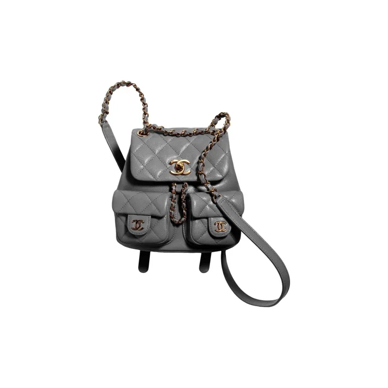 CHANEL Duma Grain Embossed Caviar Cow Leather & Metal Backpack Trumpets Women's Gray-0