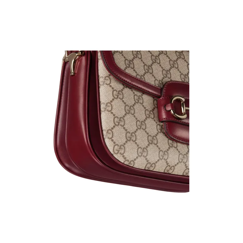 GUCCI Horsebit 1955 Canvas With Leather Crossbody Bag, Shoulder Bag Women's Beige & Red-5