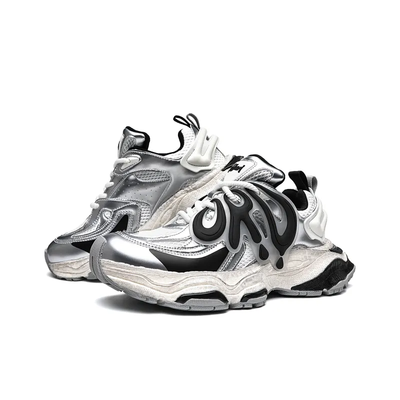 ORD Anti Slip Wear Resistant Impact Resistant Lightweight Height Increasing Low Top Chunky Sneakers Unisex Silver Black-3