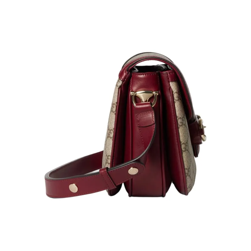 GUCCI Horsebit 1955 Canvas With Leather Crossbody Bag, Shoulder Bag Women's Beige & Red-2