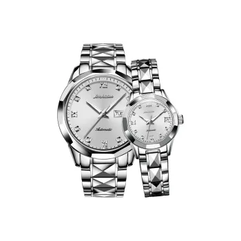 Jin Shi Dun Watch Box For Couples A Pair Mechanical Movement Stainless Steel Watchband Watch Unisex Black Dial