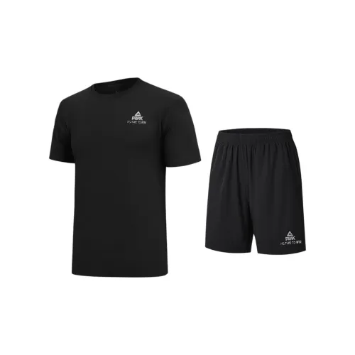 PEAK Casual Sportswear Men Sports Suit Black Short-sleeved Top + Black Shorts