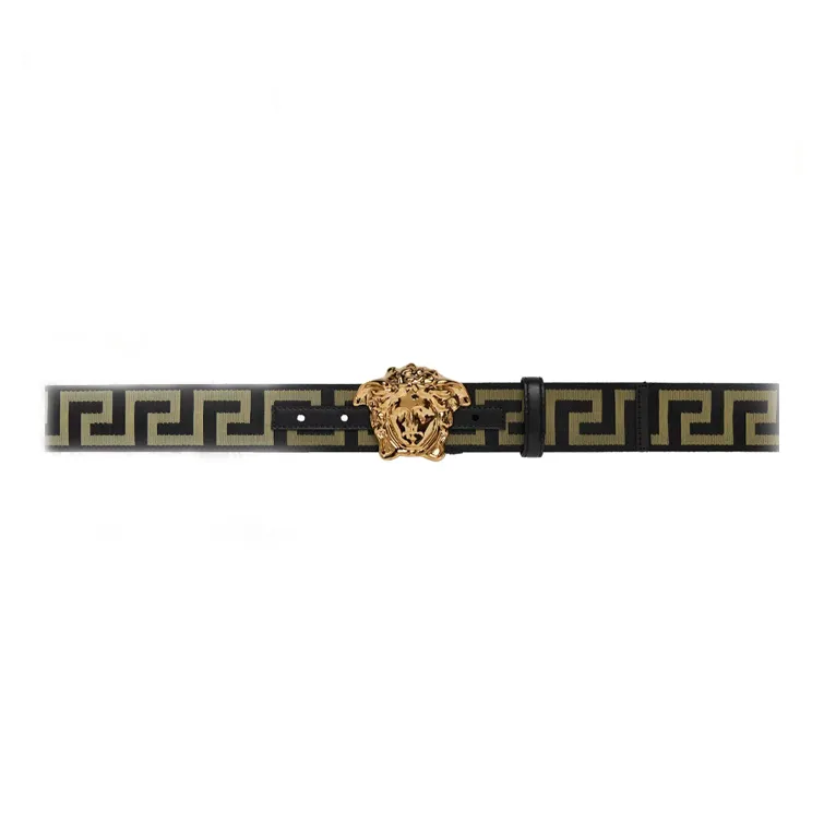 VERSACE Medusa Styling Smooth Buckle Fabric Calfskin Leather Belts Men's Black Width: 4CM-0