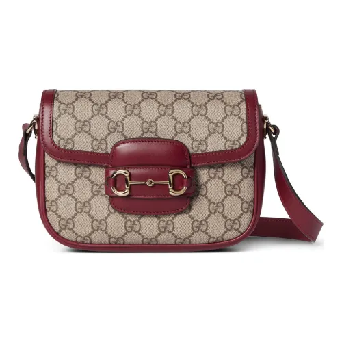 GUCCI Horsebit 1955 Canvas With Leather Crossbody Bag Shoulder Bag Women's Beige & Red