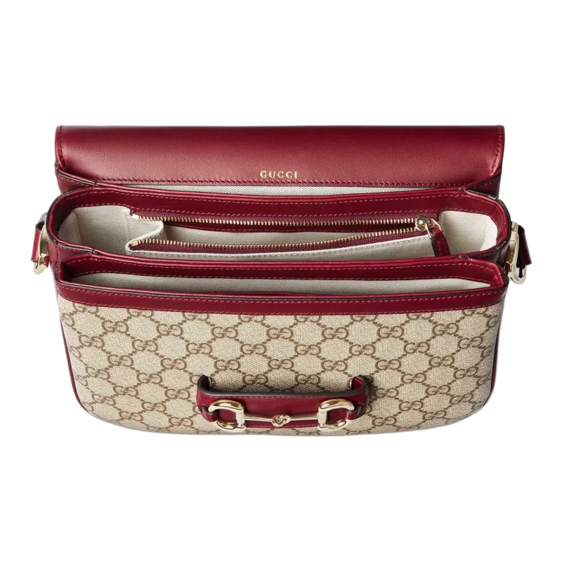 GUCCI Horsebit 1955 Canvas With Leather Crossbody Bag, Shoulder Bag Women's Beige & Red-4