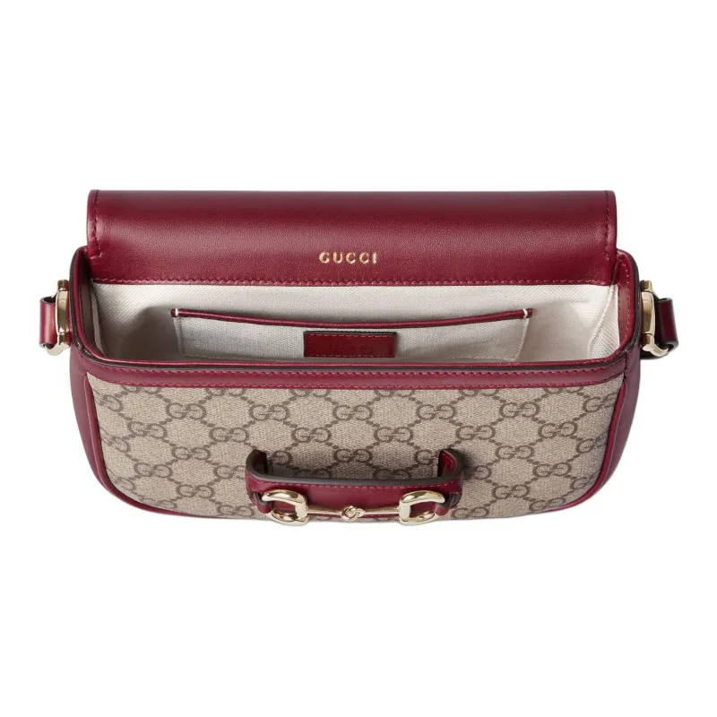 GUCCI Horsebit 1955 Canvas With Leather Crossbody Bag Shoulder Bag Women's Beige & Red-3