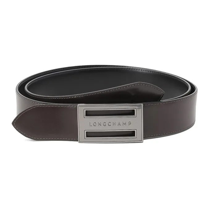 LONGCHAMP Non-Trim Double-Sided Cow Leather Leather Belts Men's Black Mocha 3.5cm-1