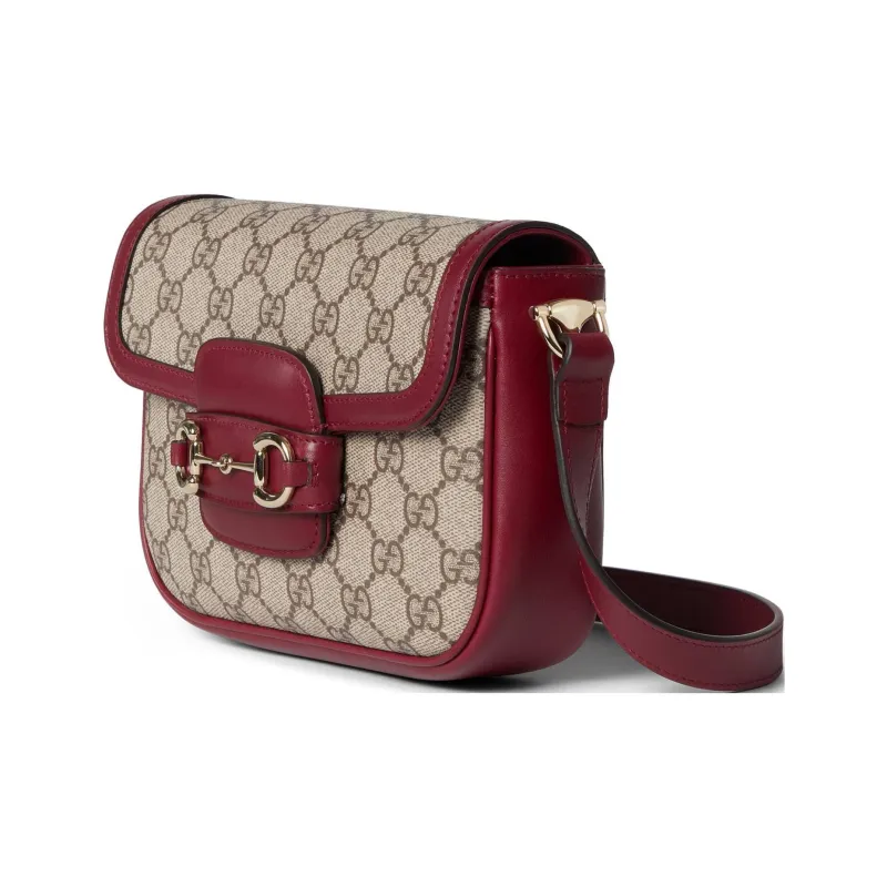 GUCCI Horsebit 1955 Canvas With Leather Crossbody Bag Shoulder Bag Women's Beige & Red-1