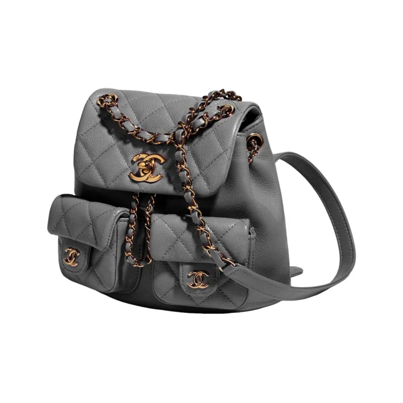 CHANEL Duma Grain Embossed Caviar Cow Leather & Metal Backpack Trumpets Women's Gray-1