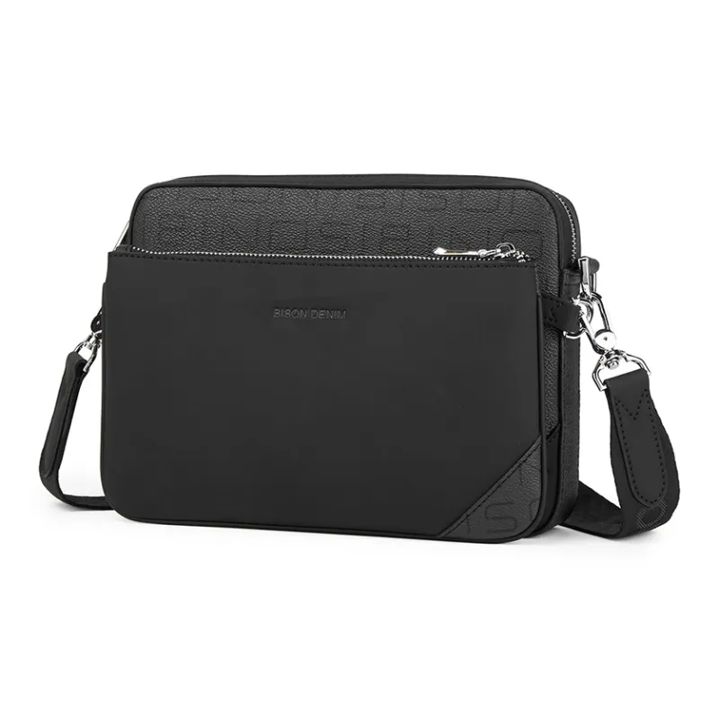 BISON DENIM PVC, Microfiber, Synthetic Leather, Textile Crossbody Bag, Shoulder Bag Men's Black-1