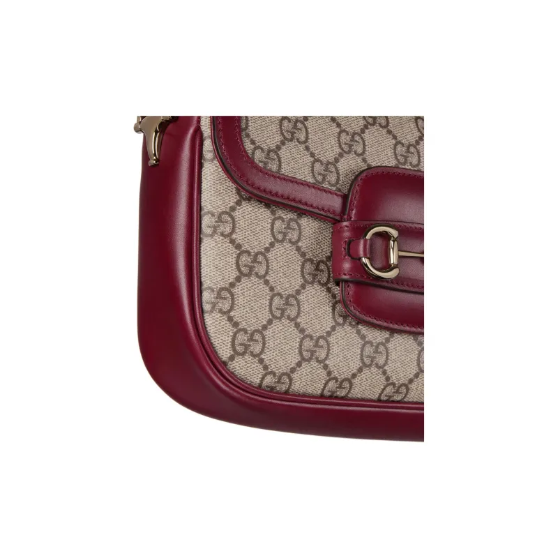 GUCCI Horsebit 1955 Canvas With Leather Crossbody Bag Shoulder Bag Women's Beige & Red-4